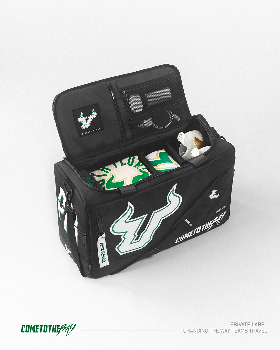 Black bag with USF bulls branded bag packed with football gear