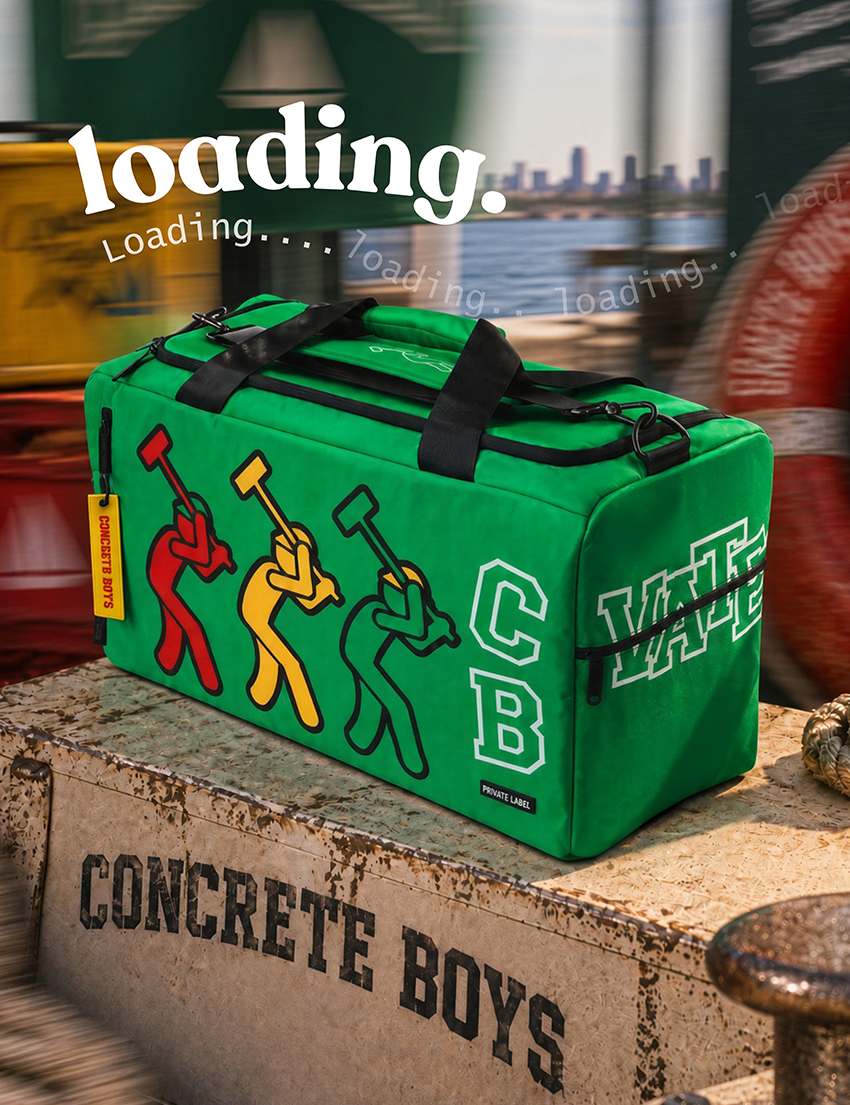Green duffle bag in a marina