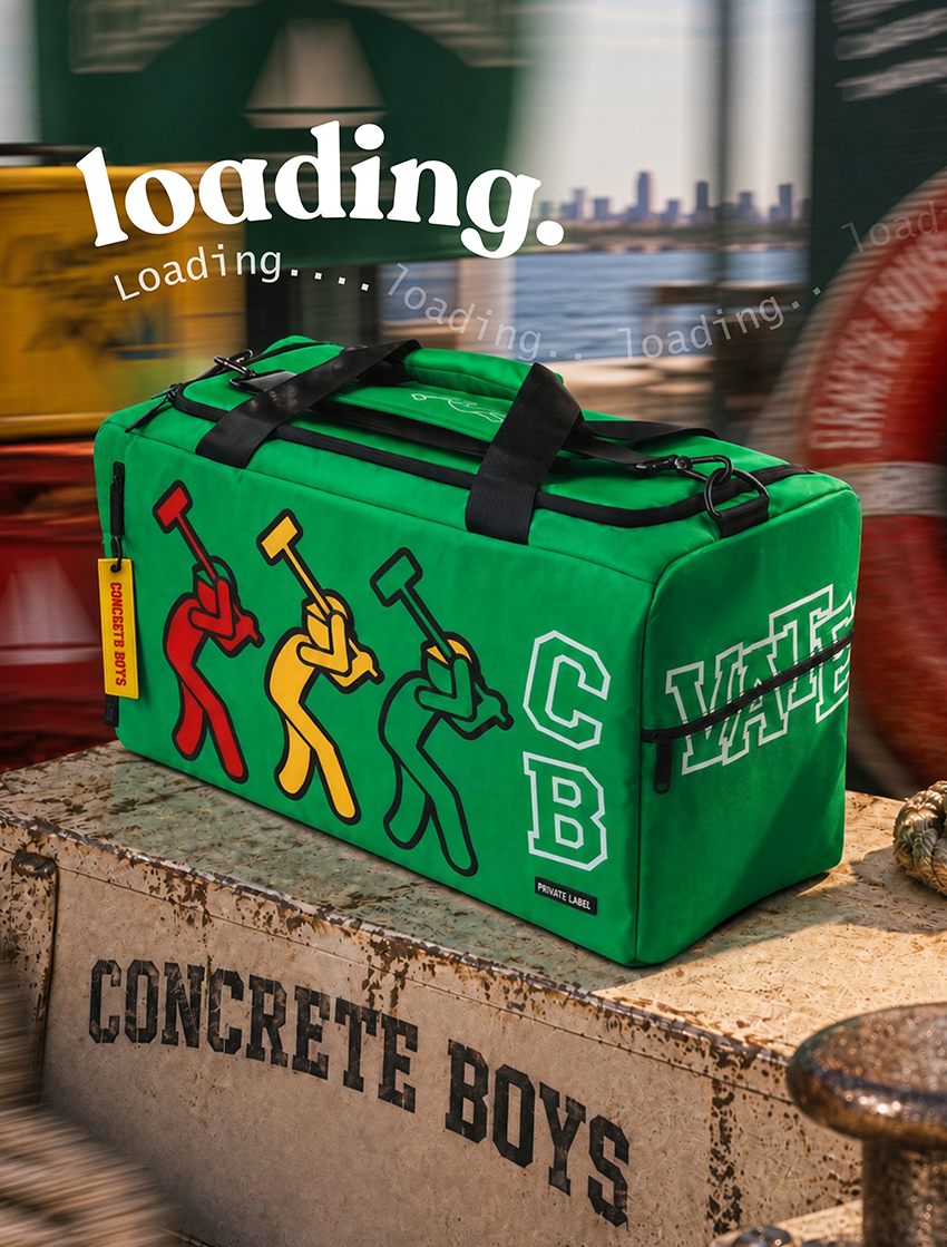 Green duffle bag in a marina