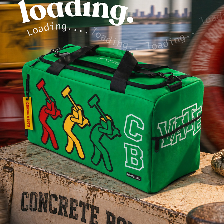 Green duffle bag in a marina