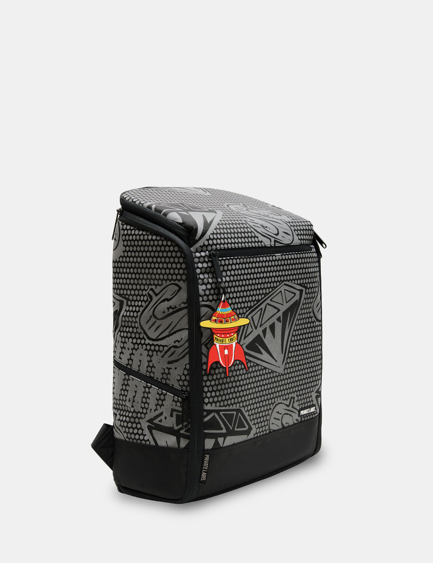 A black and gray patterned backpack with a small red and yellow astronaut graphic on the front, shown on a light gray background.
