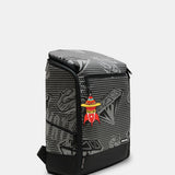A black and gray patterned backpack with a small red and yellow astronaut graphic on the front, shown on a light gray background.