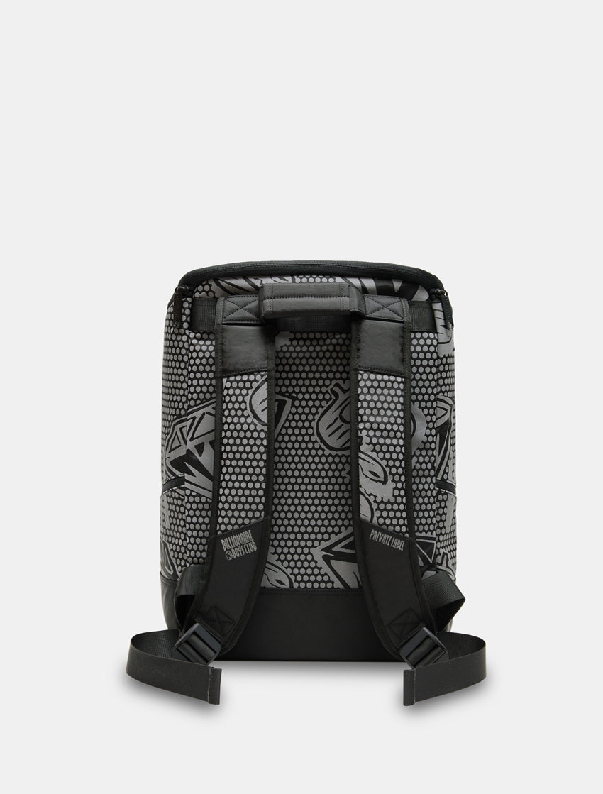 A black and gray patterned backpack shown from the back, featuring a textured honeycomb design with stylized graphic logos and black shoulder straps, set against a light gray background.
