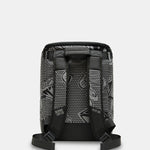 A black and gray patterned backpack shown from the back, featuring a textured honeycomb design with stylized graphic logos and black shoulder straps, set against a light gray background.