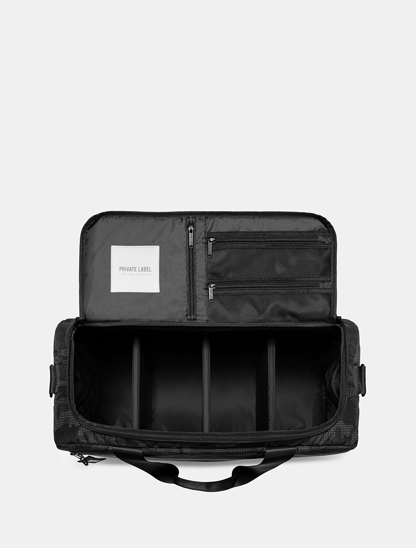 black travel duffel bag REFLECTIVE BLACK CAMO DUFFLE BAG