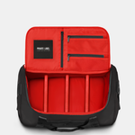black duffle with a red interior on a light gray background