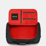 Red and black duffle bag on a light gray background