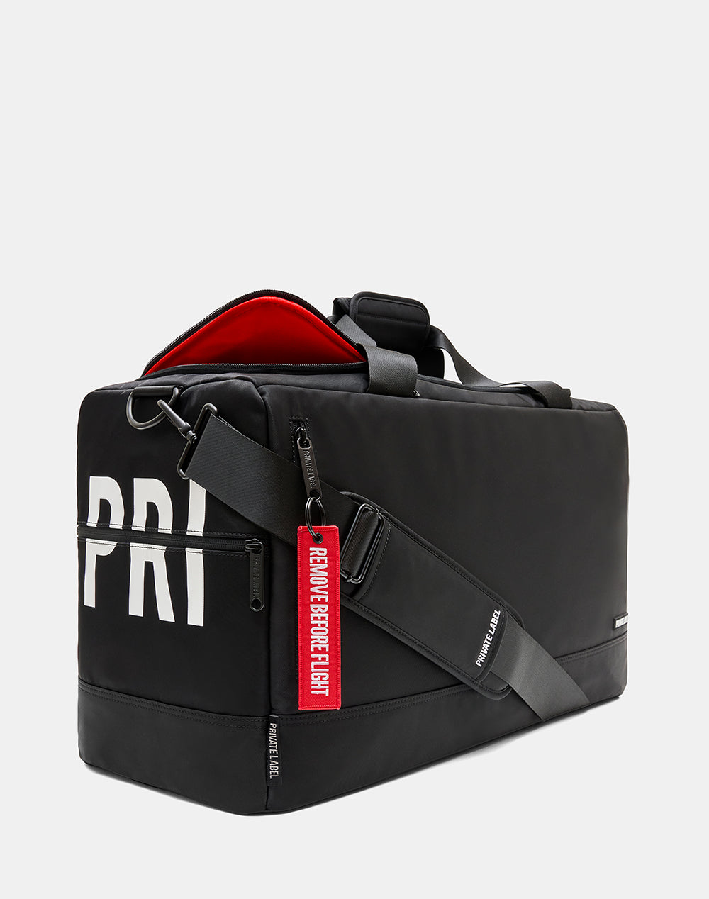 A black carry-on travel bag with red accents and the text ' Private Label ' written in white on the side. The bag appears to have multiple compartments and is designed for travel and sports gear.