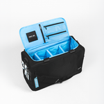 Black duffle with light blue interior on a light grey background