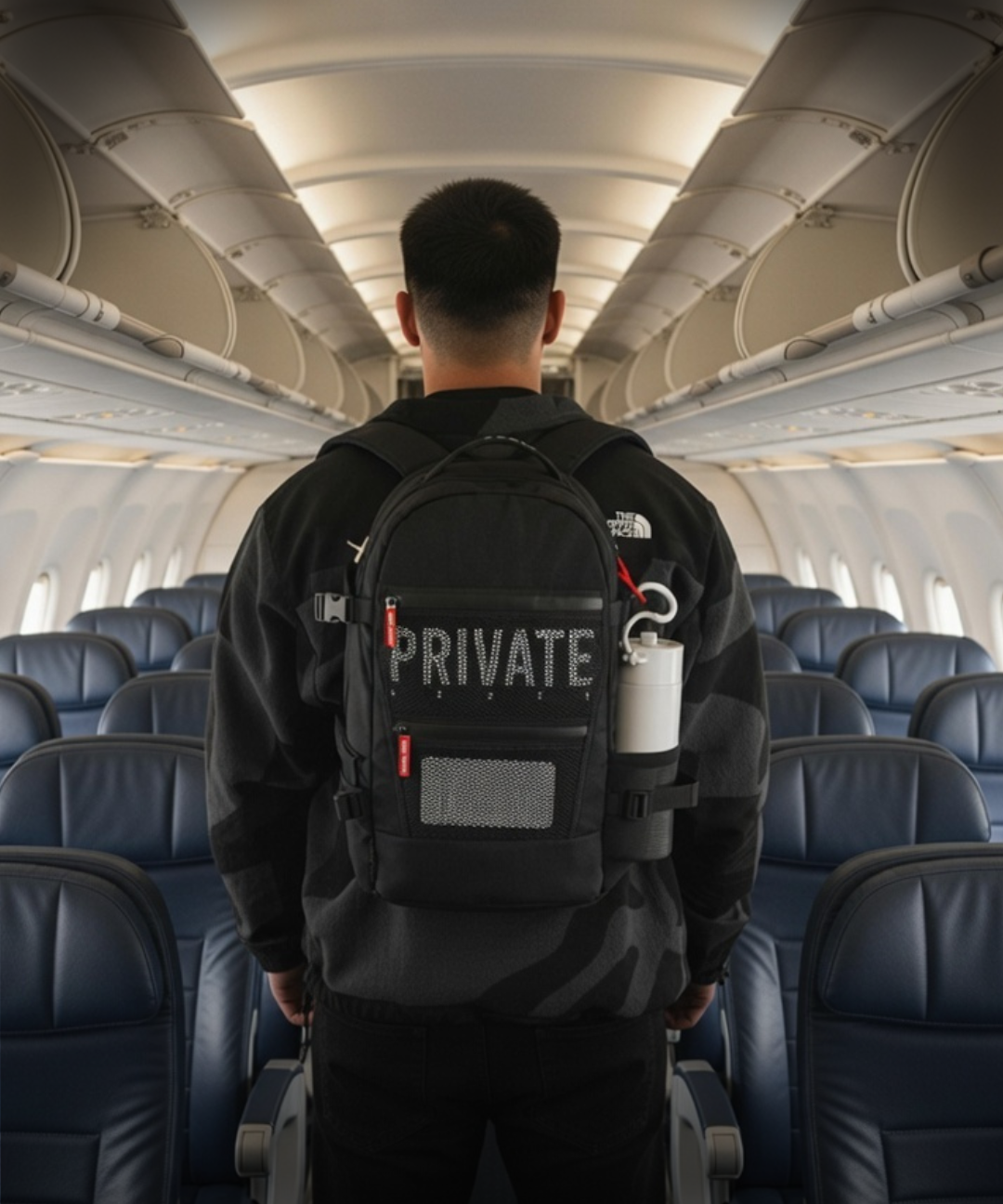 Person wearing a black backpack with 'PRIVATE' text on an airplane aisle.