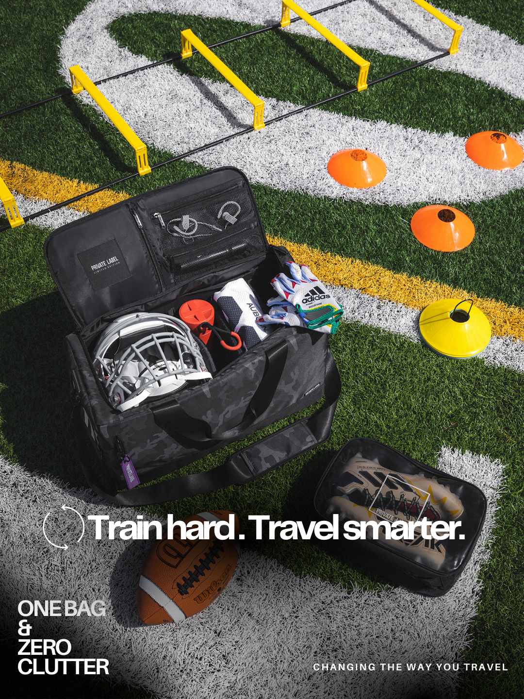 Black travel bag with sports equipment on a football field, featuring the text 'Train hard. Travel smarter.'