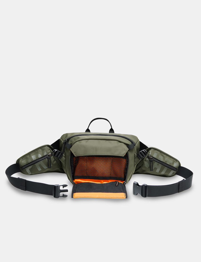 Green Sling-Waist Bag Front View with front pocket open