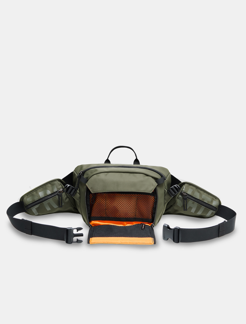 Green Sling-Waist Bag Front View with front pocket open