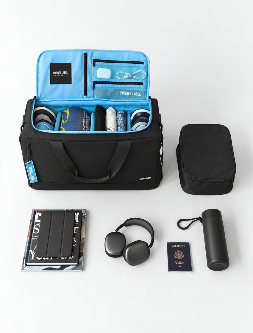 A black carry-on luggage duffle set shown open on a light gray studio background, with a bright blue interior organizer panel, packed accessories inside, a separate black zippered pouch, headphones, a cylindrical bottle, a passport, and folded clothing arranged around it.