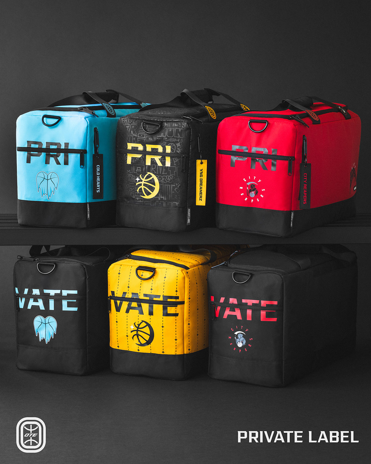 six duffle bags in assorted colors with "PRI" and "VATE" on the sides of the duffle