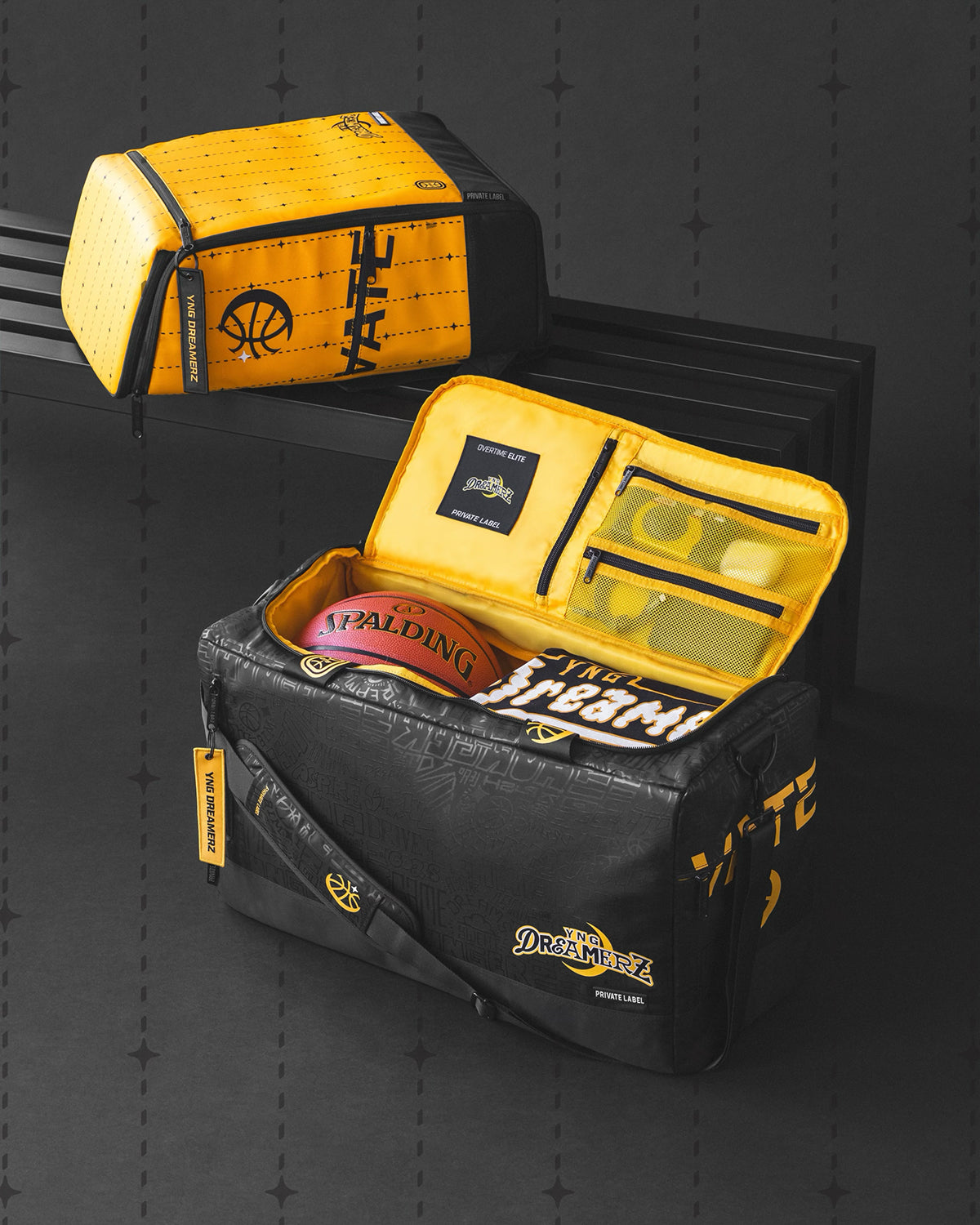Black & yellow duffle with basketball accessories packed inside & a matching yellow backpack.