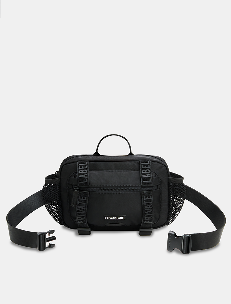 Black waist bag with 'PRIVATE LABEL' branding on a white background