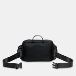 Black waist bag with a strap on a light gray background