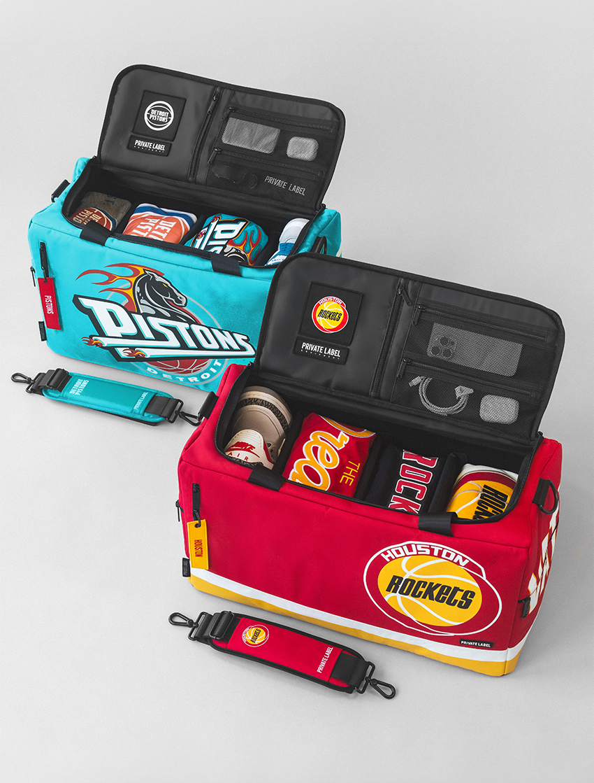 Two sports team-themed cooler bags, one red and one blue, with visible branding on a light gray background.