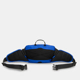 Blue and black waist bag on a light gray background