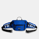 Blue waist bag with visible branding on a white background