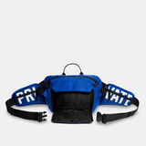 Blue waist bag with black accents on a white background