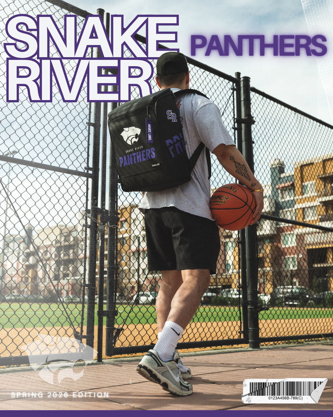 Person with 'Snake River Panthers' backpack and basketball walking on a court