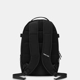 Black backpack with visible brand label on a white background