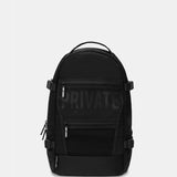 Black backpack with 'PRIVATE LABEL' text on a light gray background