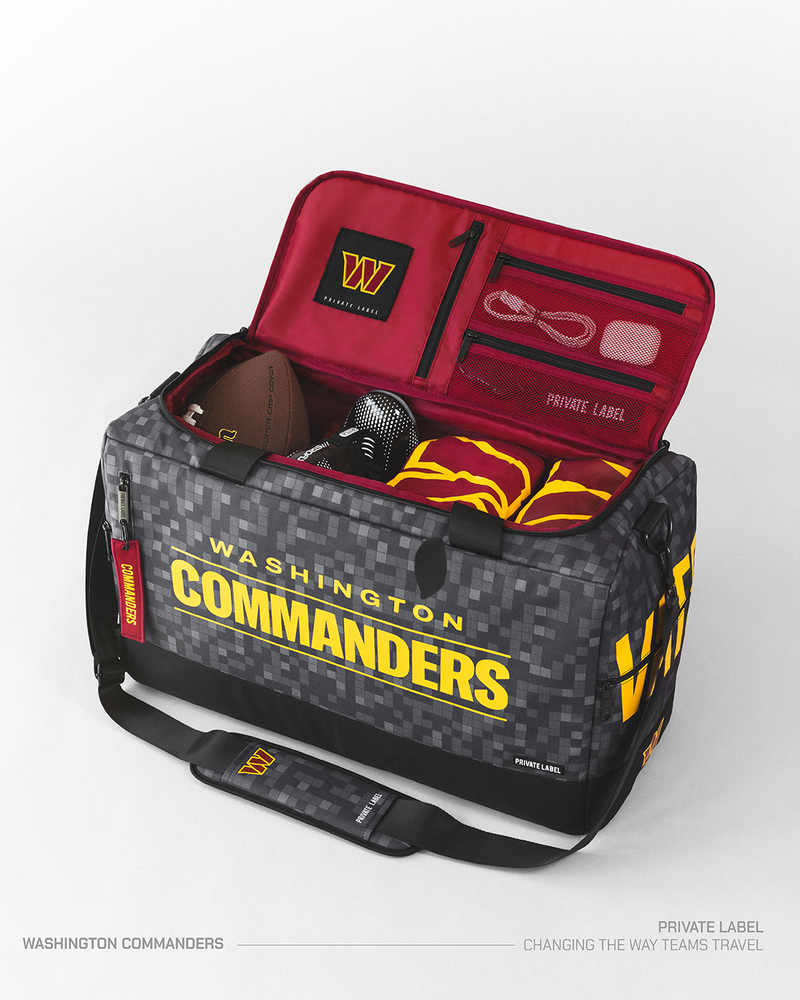 Washington Commanders sports bag with open lid showing organized contents on a white background