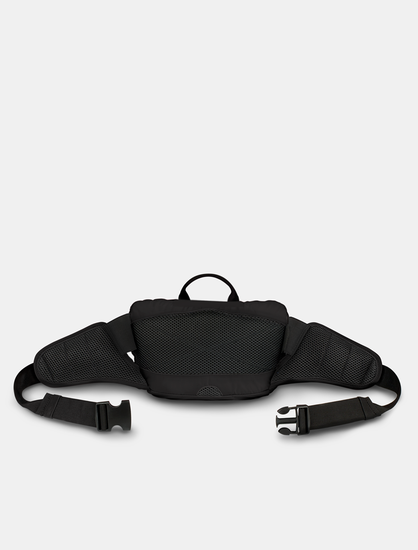 back view of a black waist bag on a light gray background