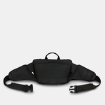 back view of a black waist bag on a light gray background