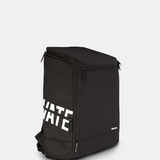side and front view of black backpack with "VATE" branding in white on side panels