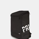 side and front view of black backpack with "PRI" branding in white on side panels
