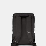 back view of a black backpack showing shoulder straps and top handle